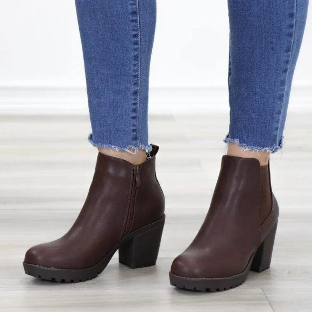 Lug Sole Ankle Boots Brown Chelsea Booties - Picture 15 of 15
